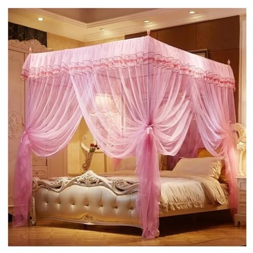 Moskitonetz, Prinzessin, 1,2 / 1,5 / 1,8 m, Bodenlänge, Vorhang, 4 Poster, Bettecken, keine Unterstützung erforderlich (Rosa, 1,2 x 2 m)