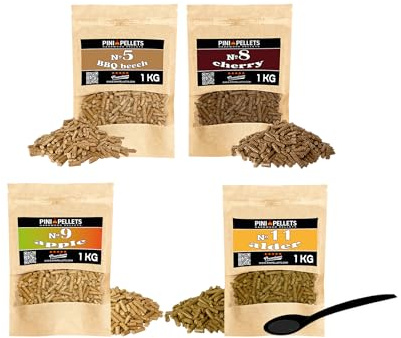 PINI Naturholzpellets Set 4X 1 kg für Smoker Räucherofen Auswahl aus 4 Sorten - Buchenpellets Nr 5, Kirschenpellets Nr 8, Apfelpellets Nr 9, Erlenpellets Nr 11 - sortenreines Holz