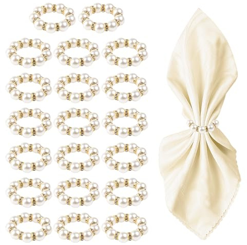 20PCS Gold Napkin Rings Imitation Pearl Napkin Rings Napkin Holder Elegant Round Napkin Buckles Beaded for Wedding Party Dinner Holiday Christmas Thanksgiving Day Home Table Decoration(White and Gold)