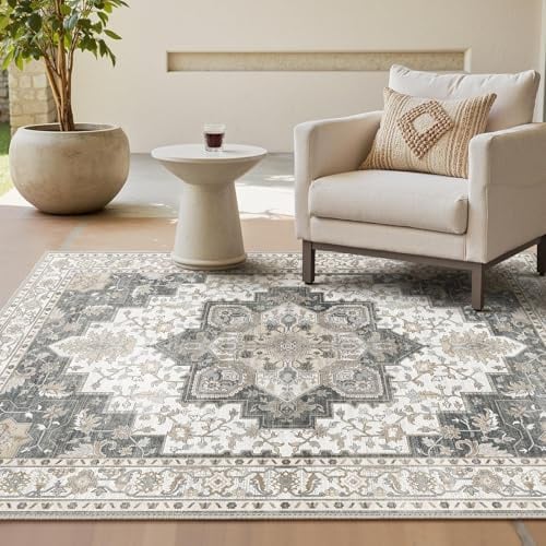 GENIMO Vintage Wohnzimmer Beige Grau Teppich 160x230cm Waschbar | Waschbarer Retro Teppich,Weich,Rutschfest Kurzflor,für Wohnzimmer,Schlafzimmer, Esszimmer,Büro,Carpet,Teppiche