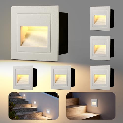 VivaLet 6 Pezzi Luci Scale Interne da Incasso 3W 300LM, Segnapasso LED 230V 3000K, IP65 Scatola da Incasso 68 mm, 85 X 85 mm, Applique Alluminio Bianco, per Giardino Scale Corridoio