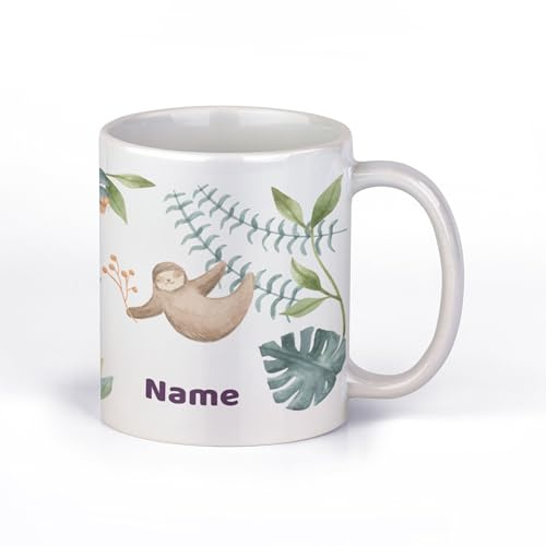 Kindertasse personalisiert mit Namen, Aquarell Dschungeltiere, Kindergarten | Becher mit Wunschname und Affe, Löwe & Co – für den Morgenkakao im Kindergarten, in der Kita und zu Hause