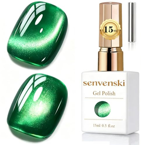 Senvenski Jelly Glass Cat Eye Gel Nail Polish with Magnet 15ML Magnetic 3D Galaxy Holographic Glitter Translucent Sheer Color Gel Polish Salon Home DIY (Jade Green, MY1-049)