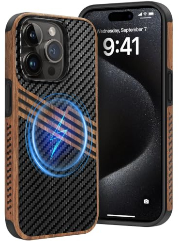 Dolstrap Magnetic Case Compatible with iPhone 15 Pro Max Case (Compatible with Magsafe), (Natural Wood & Leather & Carbon Fiber Hybrid) Rugged Slim Phone Cover, Tri-twill