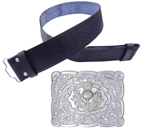 Traditional Scottish Kilt Belt & Buckle - Premium Black Leather with Celtic Knot Thistle Embossing, Antique Silver Finish Buckle for Pipers & Highland Attire