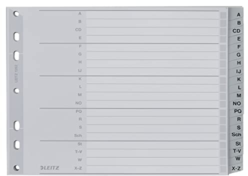 Leitz Register für A4, Deckblatt aus Karton und 20 Trennblätter aus Kunststoff, Taben mit alphabetischem Aufdruck A-Z, Halbe Höhe und Überbreite, Grau, 12620000