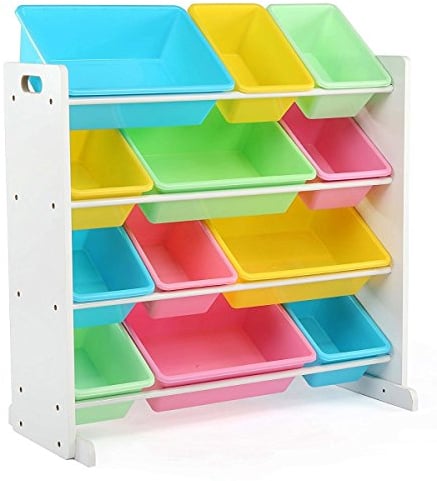 Humble Crew Pastel Wooden Toy Storage Organiser for Children, with 12 BPA Free Plastic Removeable Storage Bins, Ideal for Storing Toys, Games, Books and Craft Supplies - White/Pink/Blue/Green/Yellow
