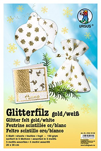 Ursus 20240099 - Glitter Filz, gold/weiß, ca. 20 x 30 cm, 150 g/qm, 5 Bogen, aus Bastelfilz, in 5 verschiedenen Motiven, ideal für kreative Bastelarbeiten