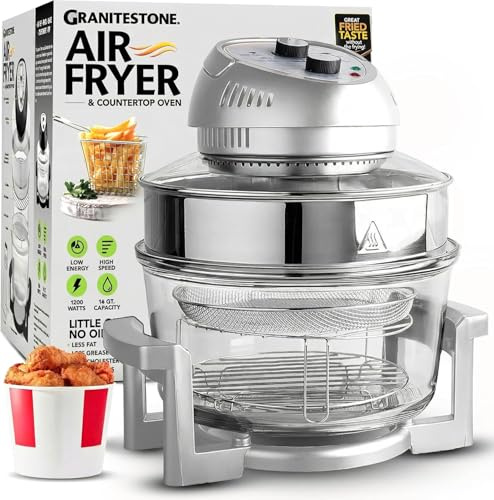 Granitestone 16Qt Large Glass Air Fryer Non Toxic – Family Sized Airfyrer Cooker with 3 Cooking Sections, Stainless Steel Racks, for French Fries, Chicken, No Preheat, Self Cleaning, Dishwasher Safe