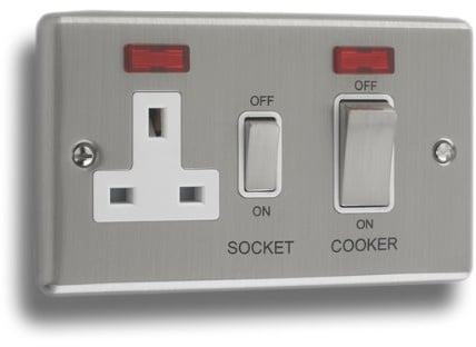 Satin Chrome Double Cooker Switch With Socket (2 Gang, White Insert)
