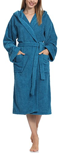Ladeheid Damen Frottee Bademantel mit Kapuze Morgenmantel warm aus 100% Baumwolle LA40-102 (Jeans (D03) (Gramatur 450), M)