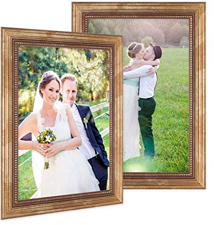 PHOTOLINI Barock-Bilderrahmen A4 21x30 cm in Gold antik, 2er Set Holz-Rahmen Vintage, Made in Germany, Echtglas, zum Aufhängen, mit Zubehör - verleiht Deinen Fotos das besondere Etwas
