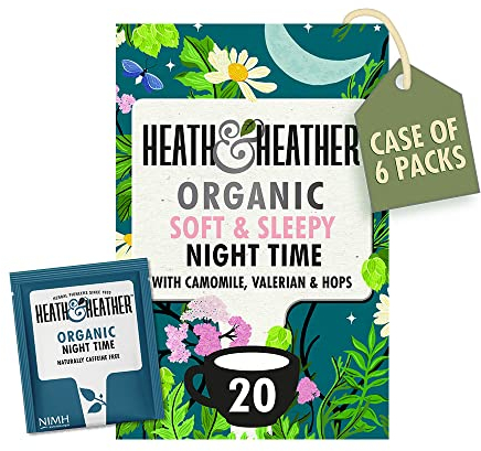 Heath & Heather Organic Soft & Sleepy Night Time Tea Bags | Individually Wrapped Herbal Tea Infusions with Camomile, Valerian & Hops | 6 Pack of 20, Total 120 Teabags