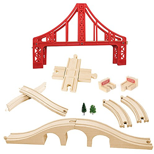 OrgMemory Eisenbahn Set, Hängebrücke, Holzeisenbahn Eisenbahnbrücke, Kreuzung, Stopp Track und Gebogene Gleise Kompatibel mit Anderer Marken