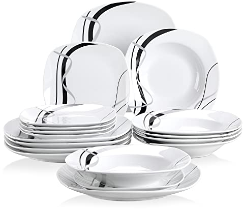VEWEET FIONA Juego de Vajillas Elegantes de 18 Piezas de Porcelana para 6 Personas, Incluye 6 Platos Llanos, 6 Platos Hondos y 6 Platos de Postre con Motivo de Líneas Negras y Plateadas