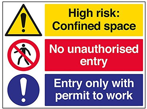 VSafety Signs - 6C025BR-R - Panneau d'avertissement de chantier de construction - Plastique rigide - Espace confiné - Pas d'entrée non autorisée - Permis de travail - 600 x 450 mm - Lot de 3
