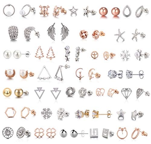 Damen-Ohrstecker-Set Edelstahl weiß rosévergoldet niedliche Tier-Katzen-Elefanten-Stern geometrische Zirkonia Kunstperle Schneeflocken Twise geometrisches Peace-Zeichen Symbol klein Statement Ohrsteck