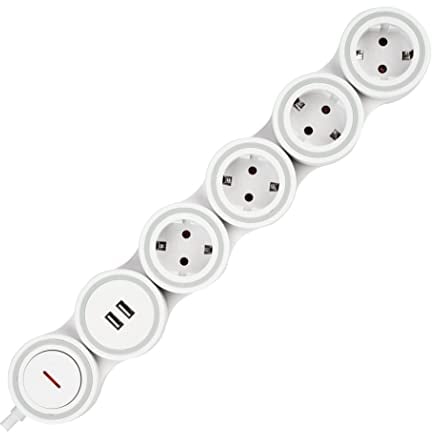 REV SupraFlex - Regleta Flexible de 4 enchufes (2 Puertos USB, 1,4 m), Color Blanco