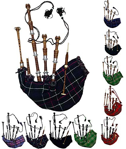 Schottischer Dudelsack in voller Größe, Palisanderholz oder braunes Finish mit silberfarbenen Halterungen, inklusive Anleitungsbuch, Tragetasche, Drohne, Schilfrohr (schwarz, Pride of Scotland)