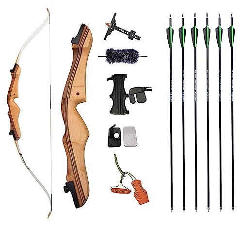 AMEYXGS Bogenschießen 68 Takedown Bogen Recurve Bogen Set Holz Longbogen 16-38lbs mit Kohlenstoffpfeile Stabilizer Sight Pfeilauflage für die Jagd (28lbs)