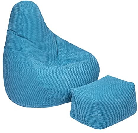 Loft 25 Sitzsack mit Hoher Rückenlehne für Erwachsene | Cordstoff, Innenfutter | Ergonomisches Design für Körperunterstützung (Blaugrün, Sitzsack+Hocker)