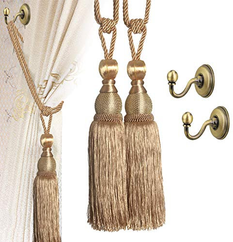 VEGCOO 4-teiliges handgemachtes Vorhang-Clips Raffhalter-Set, 2 europäische Schnallen mit Quasten, Kugelseil mit 2 Vorhang-Raffhalter-Haken (Gold, Bronze)
