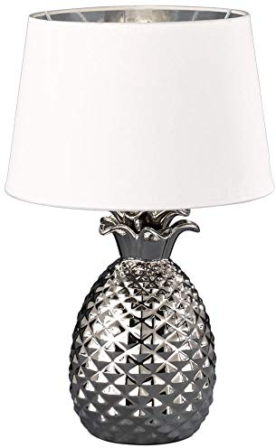 etc-shop Tischleuchte Tischlampe Beistellleuchte Wohnzimmerlampe Ananas Designlampe mit Textilschirm, Keramik silber, 1x E27 Fassung, DxH 28x43 cm
