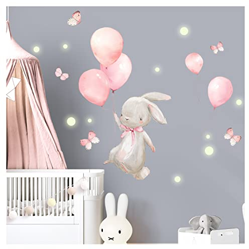 Little Deco Wandsticker Hase mit Luftballon Wandtattoo Fluoreszierende Leuchtpunkte Baby Kinderzimmer Leuchtaufkleber selbstklebend Wanddeko DL860-1