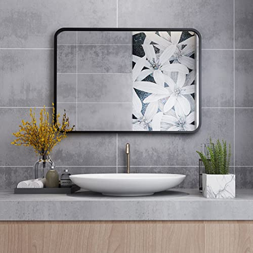 MIQU Badezimmerspiegel 70x50cm Badspiegel ohne Beleuchtung rechteckig Spiegel Schwarz Metallrahmen Wandspiegel für Badezimmer, Wohnzimmer, WC 500x700mm