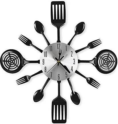 16 Inch Kitchen Wall Clocks Spoons and Forks, 3D Tableware Wall Clock, Home Decoration (Black)