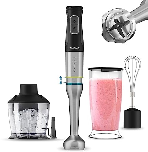 Cecotec Batidora de Mano Katana 15 Chop G. 1500 W, 21 Velocidades y Turbo, 4 hojas con Titanio Negro, Campana antisalpicaduras, Pie extralargo, Kit Accesorios, Vaso 800 ml