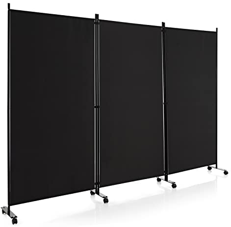 COSTWAY 262 x 180 cm Raumteiler auf Rollen, Paravent 3-teilig, Trennwand faltbar, aus Stoff, Sichtschutz für mehr Privatsphäre und Flexibilität (Schwarz)