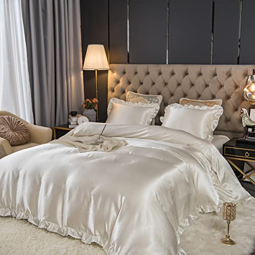 Sedefen Satin Bettwäsche Set 200x200cm mit Rüschen Weiß Glatt Glänzend Luxus Seide Bettwäsche Set Kühlender Uni Sommer Bettbezug mit Reißverschluss und 2 Kissenbezug 80x80cm