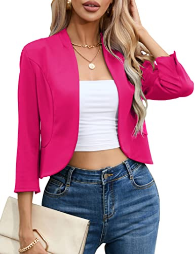 KOJOOIN Damen-Blazer, lässig, Business, 3/4-Ärmel, ohne Kragen, offene Vorderseite, Arbeitsjacke, locker, Rosered, L