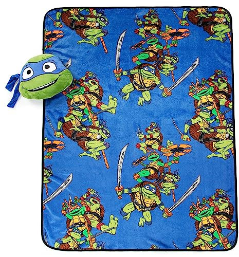 Jay Franco Nickelodeon Teenage Mutant Ninja Turtles Mutant Mayhem Leonardo Nogginz Set – 101,6 x 127,7 cm Decke & Plüschkissen-Set, Kinder, superweich, 2-teiliges Set