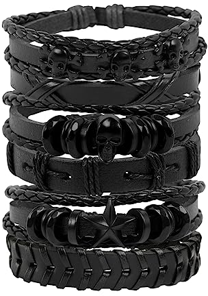 Manfnee Punk Leder Armband für Herren Damen Totenkopf Skull Armbänder Geflochtene Lederstulpe Armband