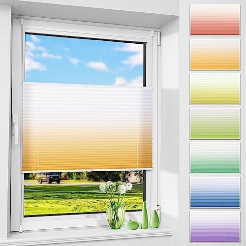 Allesin Plissee ohne Bohren mit Farbeverlauf, Orange-Weiß 80x120cm(BxH), Plissees Klemmfix, Plisseerollo Jalousie Rollos für Fenster und Tür, Sichtschutz und Sonnenschutz