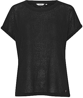 OXMO OXKATIE Damen T-Shirt Kurzarm Shirt locker gestrickets T-Shirt mit Rundhals Regular Fit, Größe:S, Farbe:Black (200451)