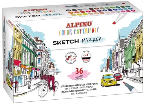 Alpino Marqueurs artistiques permanents à base d'alcool | Parfait pour Manga, Comic, design et illustrateurs | 36 couleurs | Double pointe : pointe fine de 1 mm ; pointe biseautée de 6 mm.