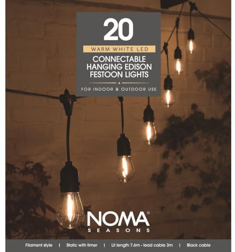 NOMA Connectable Drop Festoon Lights, 20 Bulbs, 10.6 m (Pack of 1) | Warm White, Small Edison LED Bulbs, Connect Up to 4 Sets, Indoor & Outdoor Use, Easy Timer Function