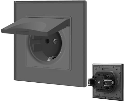 BSEED Steckdose 1 Fach mit Wasserdichter Abdeckung, Schuko Steckdose mit Steckklemme, Unterputz Steckdose mit Kristall Glas Platte, Einzel Steckdose Einbausteckdose 16Amp Wandsteckdose 86mm, Grau