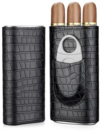 cgaplus 3-Finger Cigar Case with Cutter Crocodile Pattern Leather Cigar Humidor Case Portable Travel Case for Men(Black)