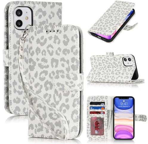 Zouzt Case for iPhone 11 (6.1 Inch), Premium PU Leather Wallet Case with Credit Card Holder Slot Flip Folio Kickstand Shockproof Protective Phone Cover (White Leopard Pattern)