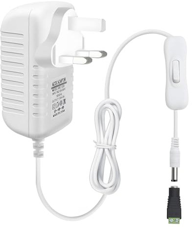 12V 3A 36W LED Strip Power Supply with Switch, White AC/DC Switching Power Adapter, 240V to 12V Wall Wart Transformer for LED Strip 5.5/2.1 DC Female Barrel Connector to Screw Adapter