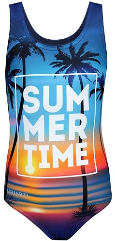Aquarti Badeanzug Mädchen – Sportlicher Mädchen Badeanzug mit Ringerrücken Print, Farbe: Summer/Time/Dunkelblau/Orange/Lila, Größe: 140