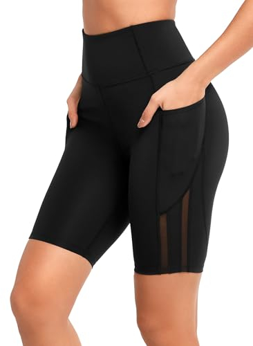 Yvette Kurz Damen Leggings Radhlerhose mit Tasche Mesh Blickdicht high Waist Gym Shorts, Schwarz, M