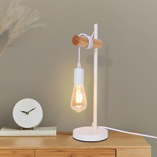 Dorlink Lampe de Table E27 Industrielle, Lampe de Chevet Métal Blanc,Veilleuse Bois Vintage avec Interrupteur 1.5M, Base de Veilleuse pour Chambre, Salon, Bureau, Bar(Sans Ampoule)