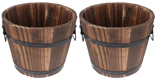Wensmy 2Pcs Whisky Barrel Planter Wooden Succulent Plant Pot Round Garden Plant Pot Rustic Round Wood Bucket Plant Container Wooden Planter Retro Style Rustic Wood Flower Pot Bucket