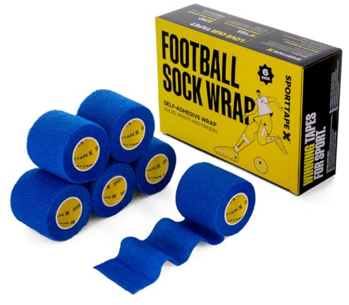 6 Rollen SPORTTAPE Selbsthaftendes Fußball-Sockentape - 5 cm x 4,5 m - blau- Kohäsive Bandage Sockenband Stutzentape - Fuß- und Handgelenk-Bandage Sportler - Pet Vet Wrap Fixierbinde für Pferde Hunde