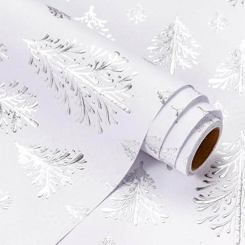 RUSPEPA 3D-Weihnachts-Geschenkpapierrolle aus Kraftpapier – Mini-Rolle – 43,2 cm x 5 m – silbernes und weißes Weihnachtsbaum-Design mit Prägung, perfekt für Feiertage, Partys und Feiern
